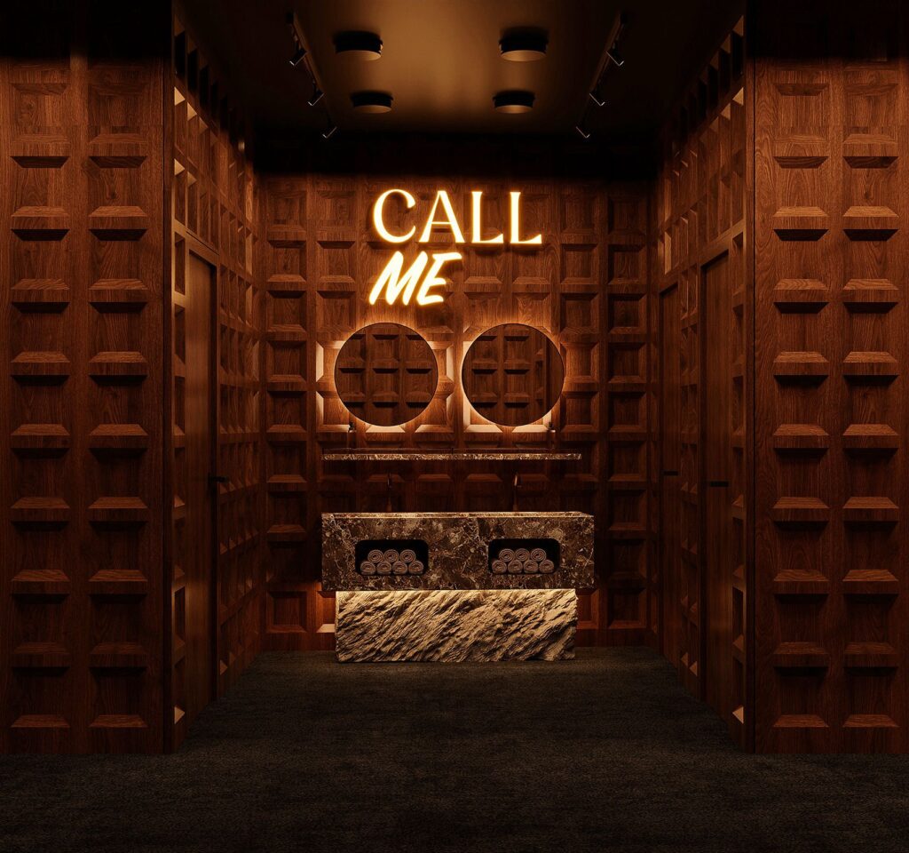 Dark oak panelled corridor with the CALL ME sign glowing in amber neon